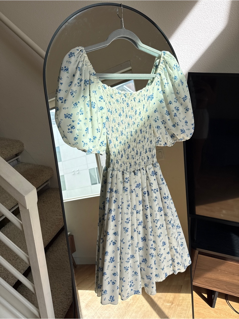 Smocked Puff Sleeve Floral Dress in Cream and Blue